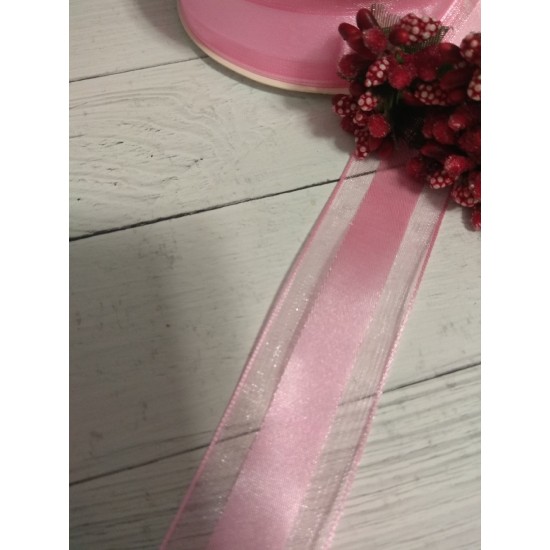 Лента органза с атласом 2,5 см цв. розовый, цена за 1 м